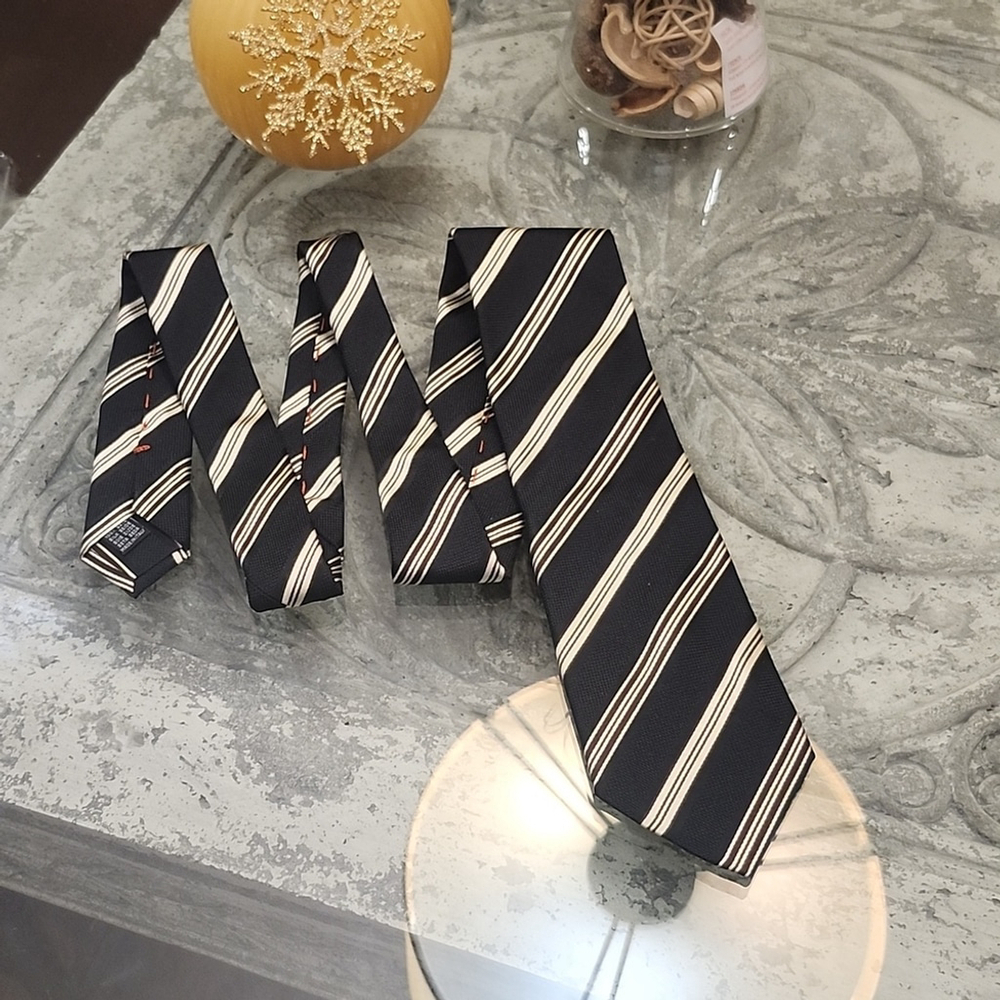 Pal Zileri wowen neck sik tie nwot black brown and cream striped design